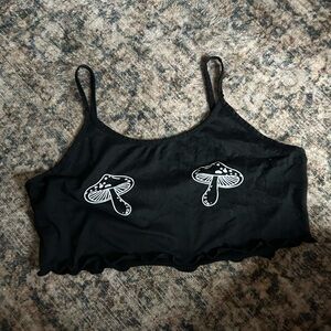 Black Crop Top with White Mushroom Design